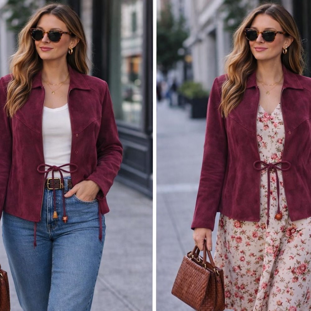 Unique 100% suede leather jacket boho looking with string closure. Size 10